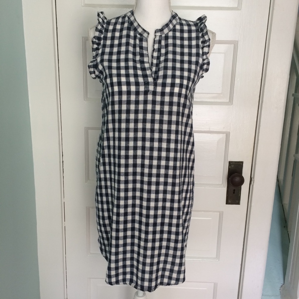 JUST LIVING Dress Blue White Linen Cotton Coastal Gingham Grandma Shift Dress XS